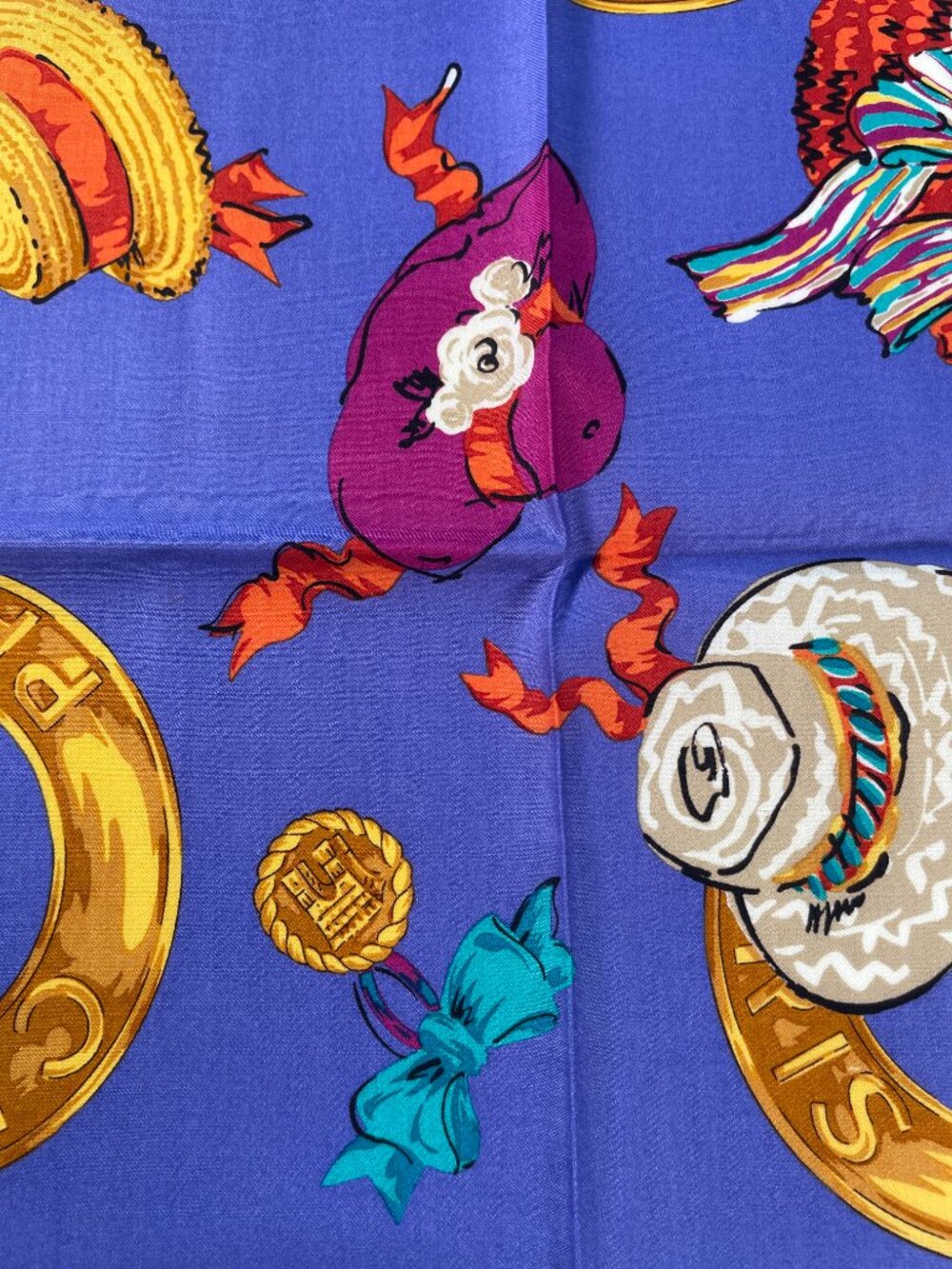 Céline Paris Cotton Scarf Colorful Hats & Rope Print 20" Square - Picture 12 of 13